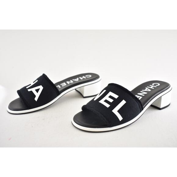 Chanel 24C Black White CHA NEL Letter Logo Mule Slide Block Heel Sandal 41.5 - Picture 12 of 15